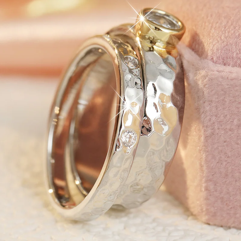 2pcs/set Women's Stacked Style Silver Plated Ring Set Unique Hammer Texture Inlay Zirconia Ring Daily Anniversary Dating Jewelry