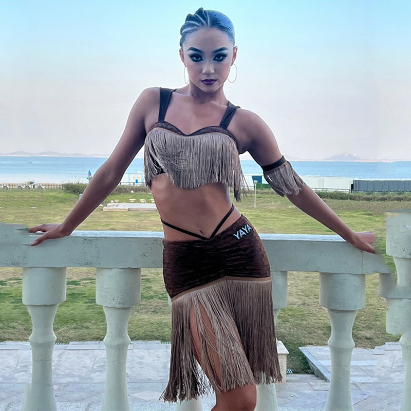 

Clothes Rumba Dress Samba Cha Cha Practice Wear New Latin Dance Costume Women Brown Tassel Tops Skirt Adult Performance