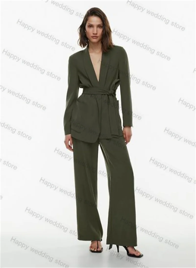 Dark Green Formal Women Suit Pants Set 2 Piece Blazer+Trousers Wedding Tuxedo Office Lady Coat Jacket With Belt Tailored Size