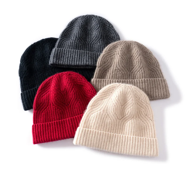 100%Cashmere Women's Thick Flanged Pullover Hat For Winter Warmth Solid Color Knitted Hat Y2k Fashionable Brimless Hat