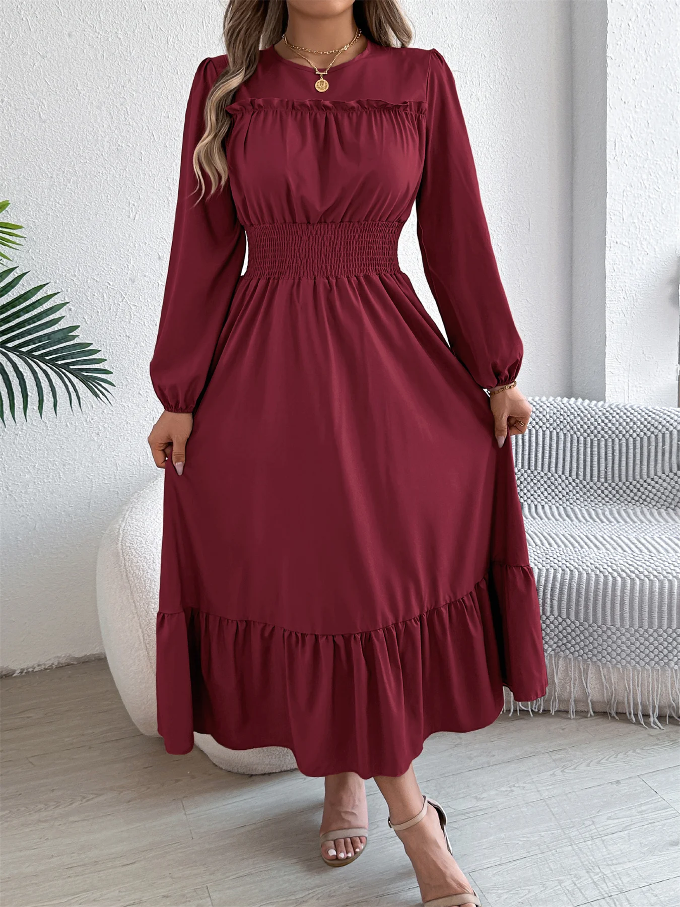 Women's Fall Lace Trim Dress Smocked Waist Round Neck Long Sleeve Ruffle Hem Midi Solid Resort Elegant