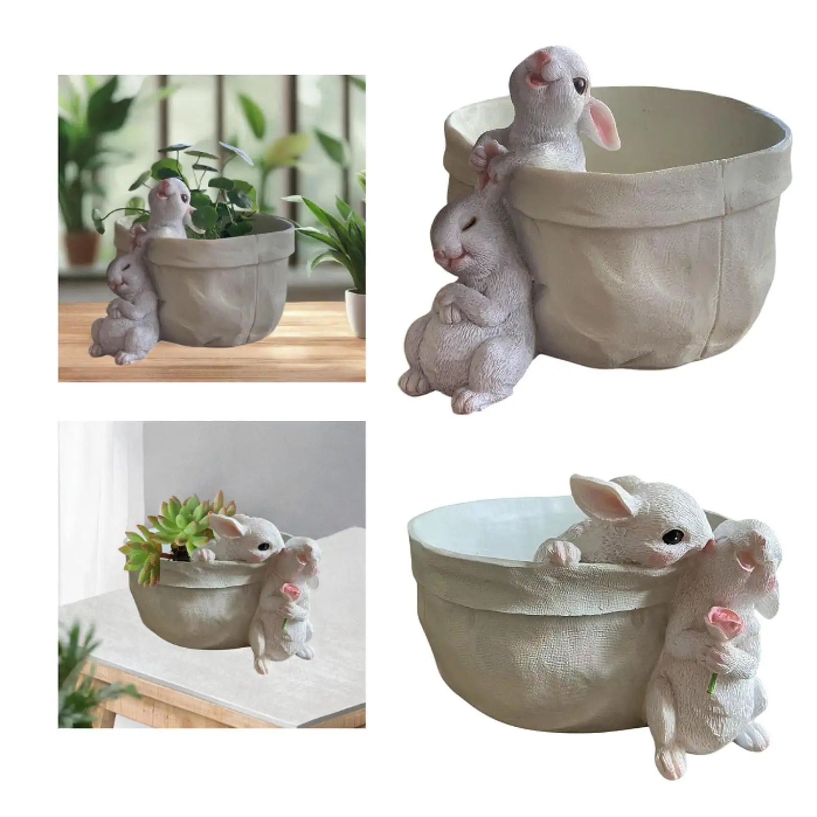 Flowerpot Planter with Rabbit Figurines Handcrafted Multipurpose Photo Prop Lightweight Lovely for Indoor Plants Accessory Resin