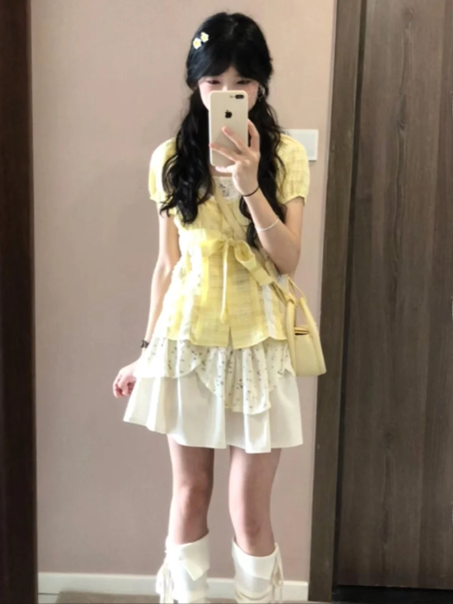 

Mishiyi Summer New Yellow Short Sleeve Splice Skirt Two-Piece Set Sweet Girl Style Forest System Super Fairy Tale Feeling