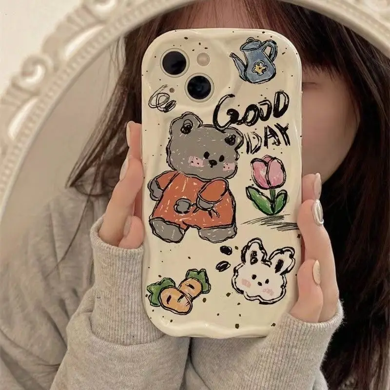 Cute bear rabbit graphic phone case for iPhone 15 14 13 12 11 x XR Xs SE2 SE 8 7 plus pro Max mini silicone back cover