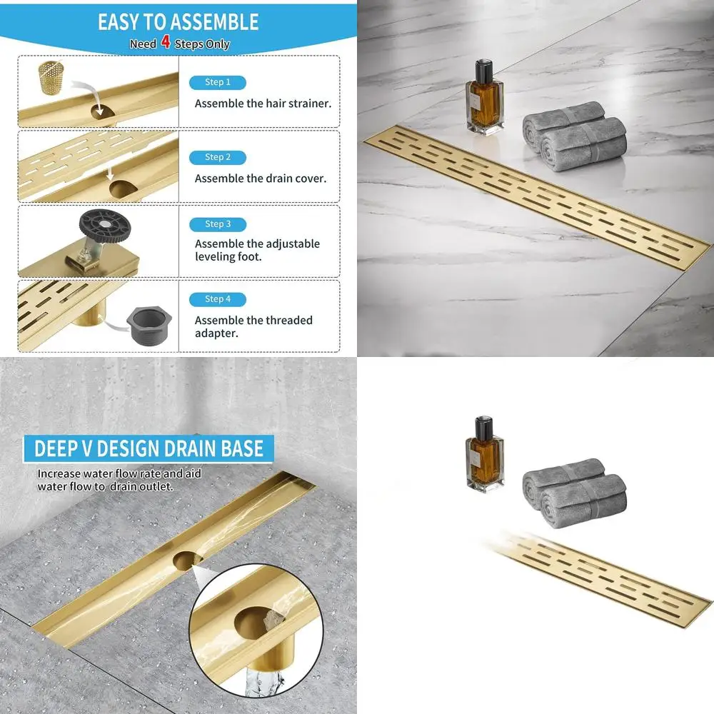 

32 Inch Brushed Gold Rectangle Shower Drain with Removable Grate, Stainless Steel Floor Drain, Hair Strainer, Modern Bathroom Dr