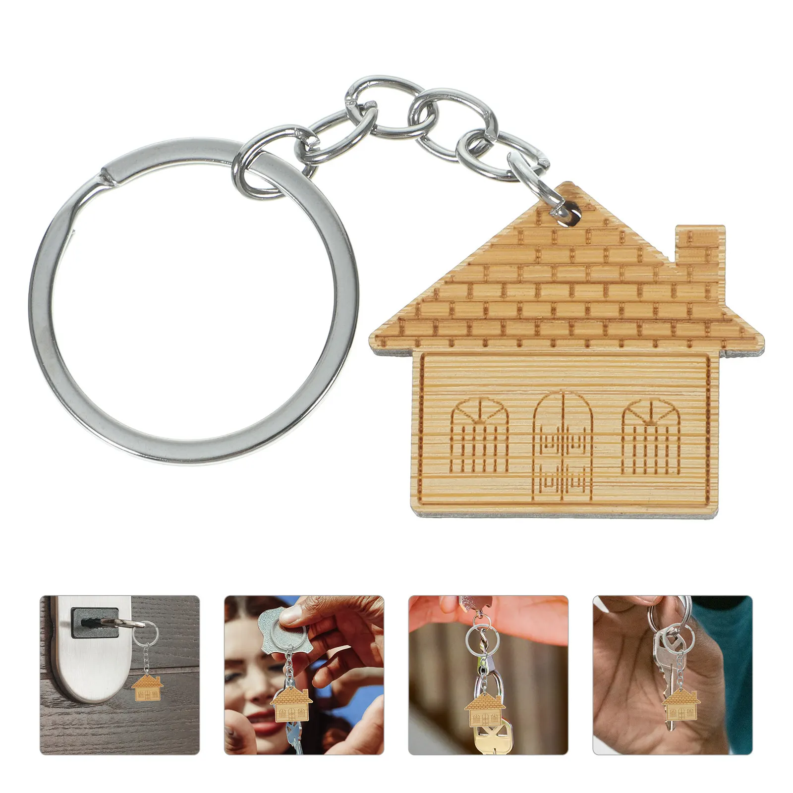 5Pcs Wooden Keychain House Theme Key Ring Pendant Handmade Detail Workmanship Key Decor for Bag Car Phone Keys Small Gift Family