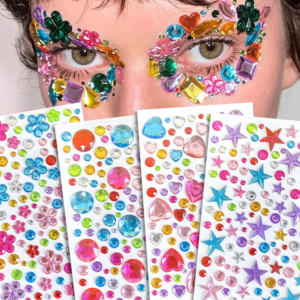 1pcs Large Rhinestone Face Gems Stickers Flower Square Heart Star Colorful Face Rhinestone Self-adhesive Gemstone Craft Stickers