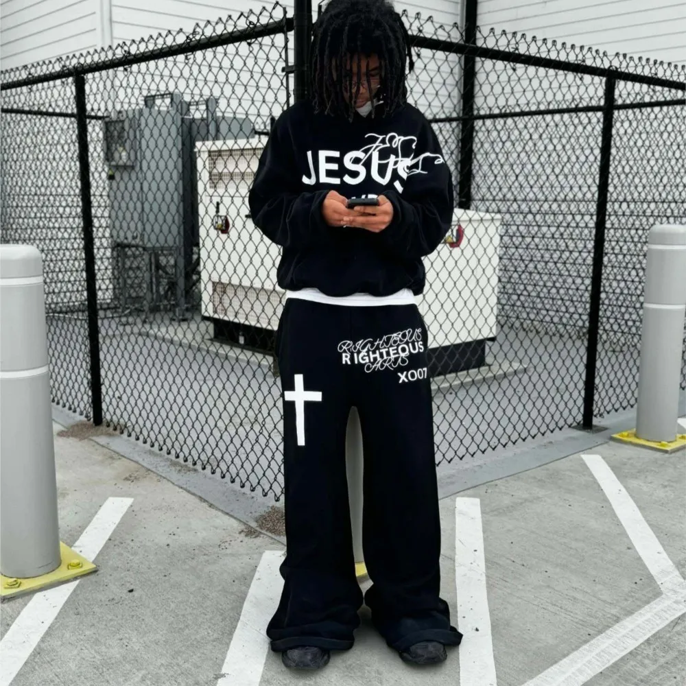 

2-piece Set Men Hoodies with Letter Cross Printed, Y2K Streetwear Men's Autumn Sets, Hip-hop Hooded Womans Tracksuit