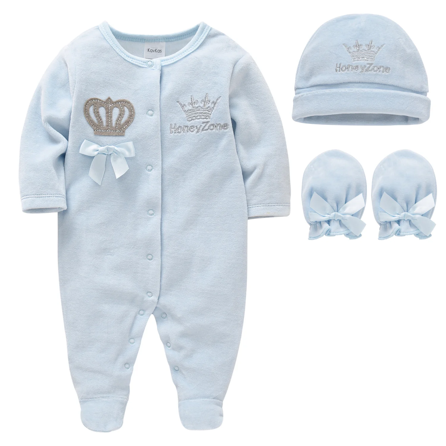 Baby Velvet Footed Romper Long Sleeve Crown Embroidery Bow Hat Mittens Set Soft Warm Newborn Infant Winter Jumpsuit