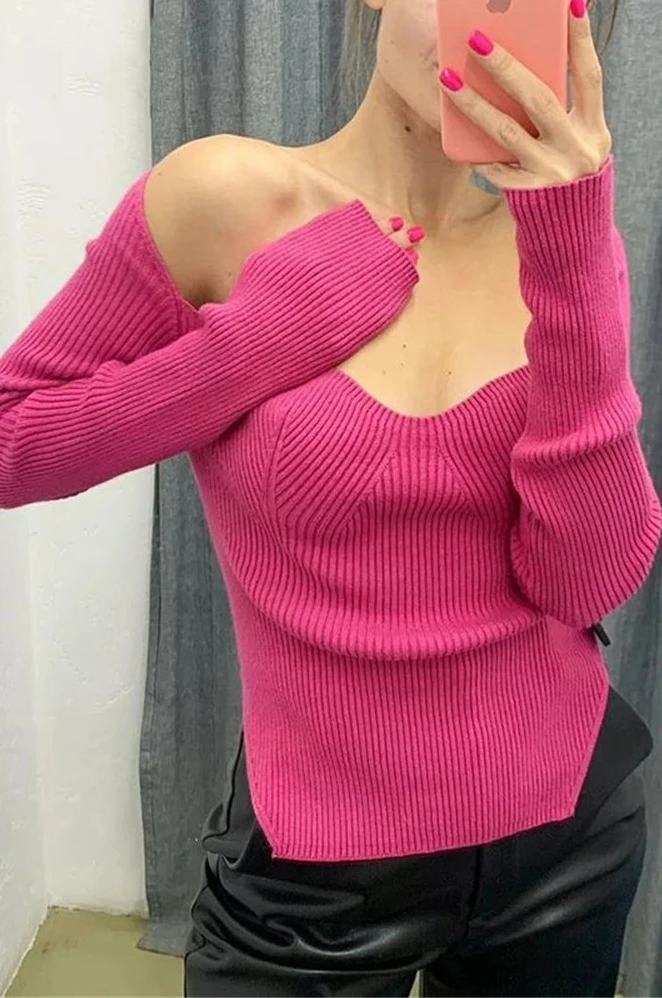 Long Sleeve SweaterWomen Knit Ribbed Top Ladies Casual Knitted Tops Pullover Off-Shoulder Knitwear Black