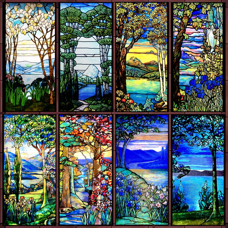 Custom Size Stained Glass Window Film,Frosted Privacy, Static Cling,Vintage Colorful Stickers, Bathroom, Office, Home Decor