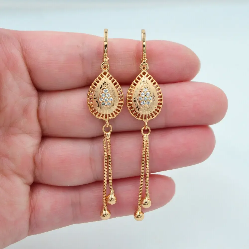 Fashion Jewelry Gold Color Clear Zircon CZ Water Drop Tassel Dangle Earrings for Women