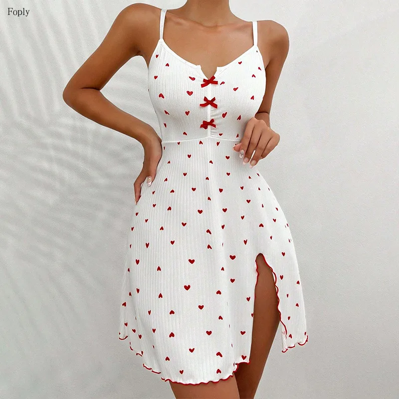 

Women Nightgowns European and American Best-Selling Heart-Printed Rib Front Deep V-Neck Spaghetti Strap Sleep Dress Homewear
