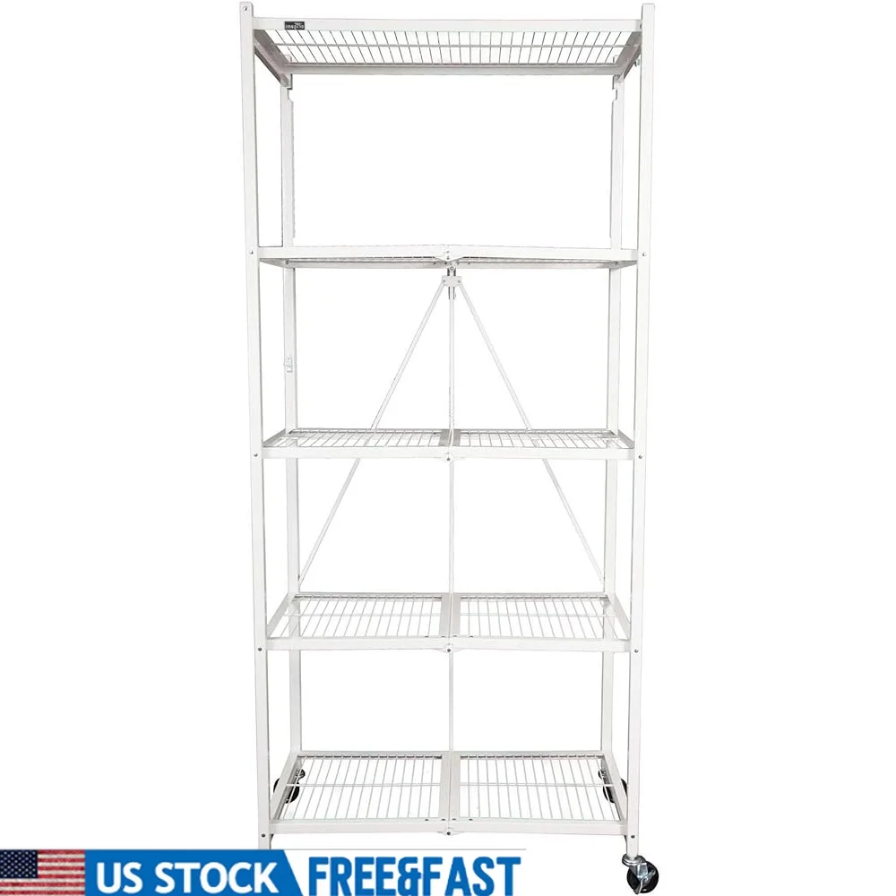 

5 Tier Foldable Storage Shelf with Wheels Portable Metal Organizer Durable Steel Utility Home Kitchen Office Space Saver