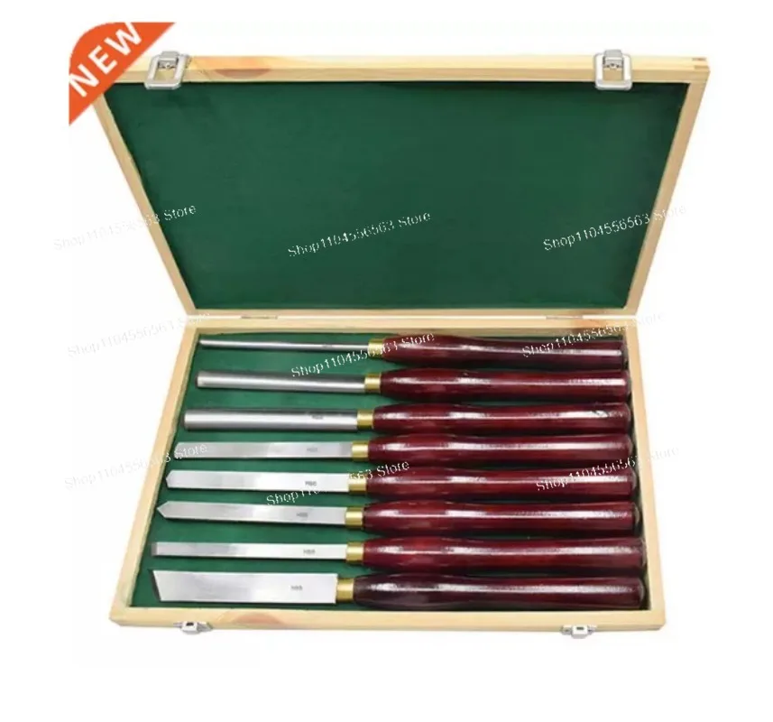 8PCS HSS Lathe Chisel Set Red Handle Wood Turning Tools 41cm High Speed Steel with Wooden Case for Wood Carving