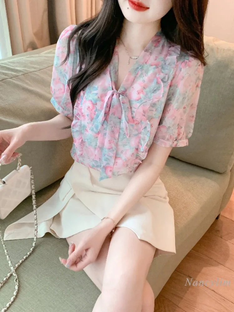 

French Elegant Ruffled Floral Chiffon Shirts and Blouses for Women 2024 Summer New Design Sense Niche Short Sleeve Bow Top Blusa