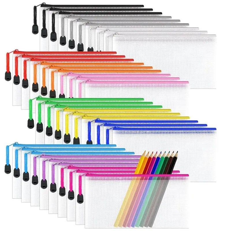 36 PCS Mesh Document Bag Clear Pencil Case Wallets Folders PVC Waterproof Travel Storage Pouch For School Supplies,12 Colours-VV