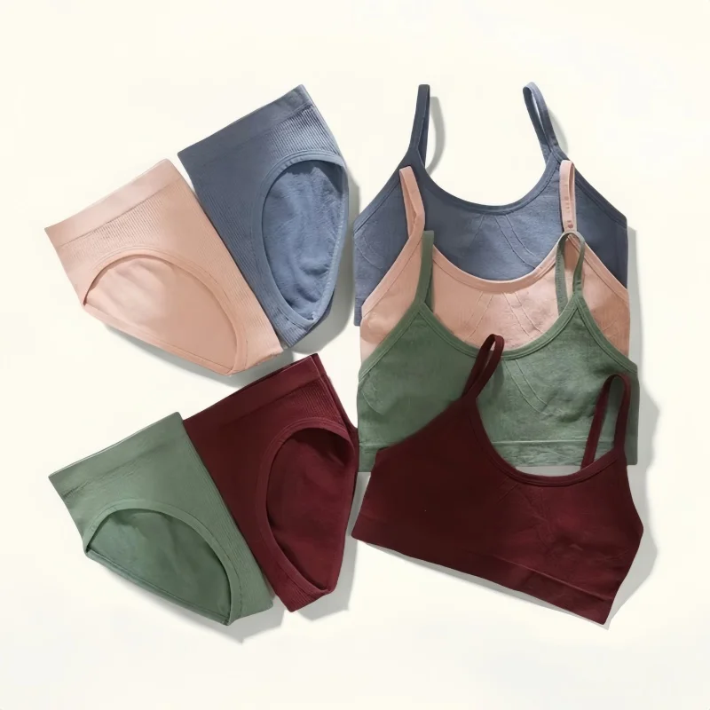 Women Bra Set Seamless Bra And Briefs Set Wire Free Brassieres Low Back Bra Sexy Lingerie Mid Rise Panties Female Sexy Underwear