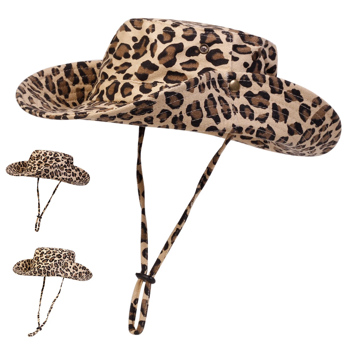 Sombreros de cubo de ala grande con estampado de leopardo para hombre, gorras de pescadores, gorra informal para exteriores, sombrero de protección solar para hombre, sombrero de aventura