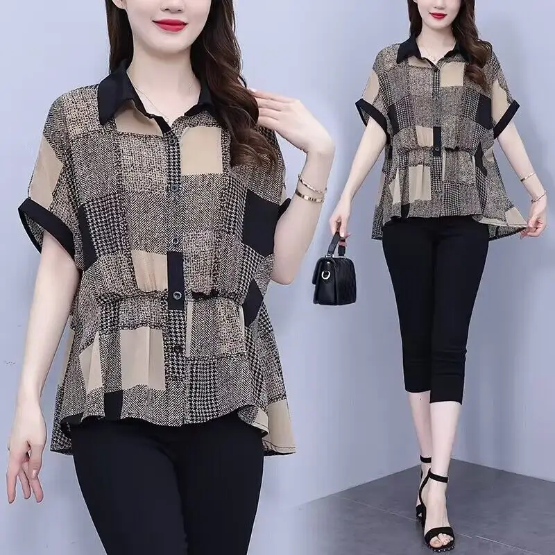 Women Summer Fashion Loose Large Size Appear Thin Plaid Turn-down Collar Short Sleeve Chiffon Shirts Ladies Casual Trend Top Tee