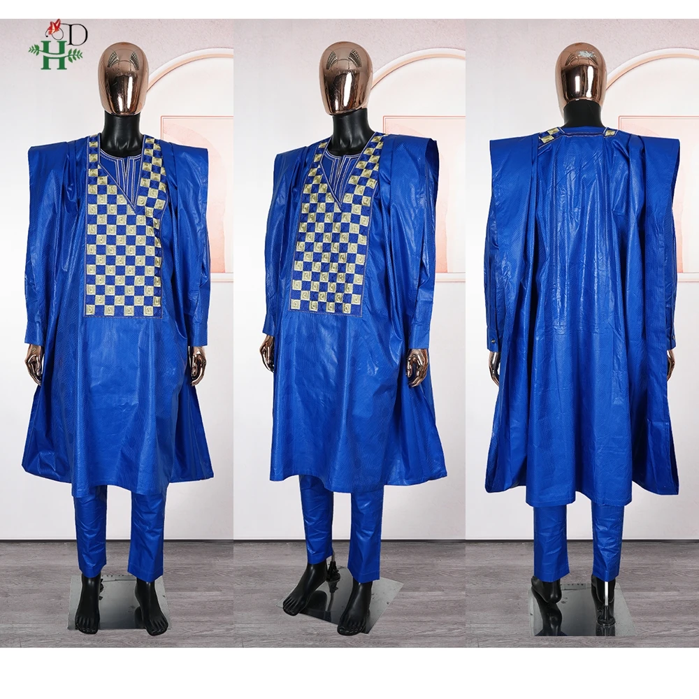 Ropa Africana H&D para Hombre, Conjuntos Tradicionales de Agbada de 3 Piezas, Camisa Azul Bazin Riche, Pantalón Bordado, Trajes para Bodas y Fiestas, Tallas Grandes