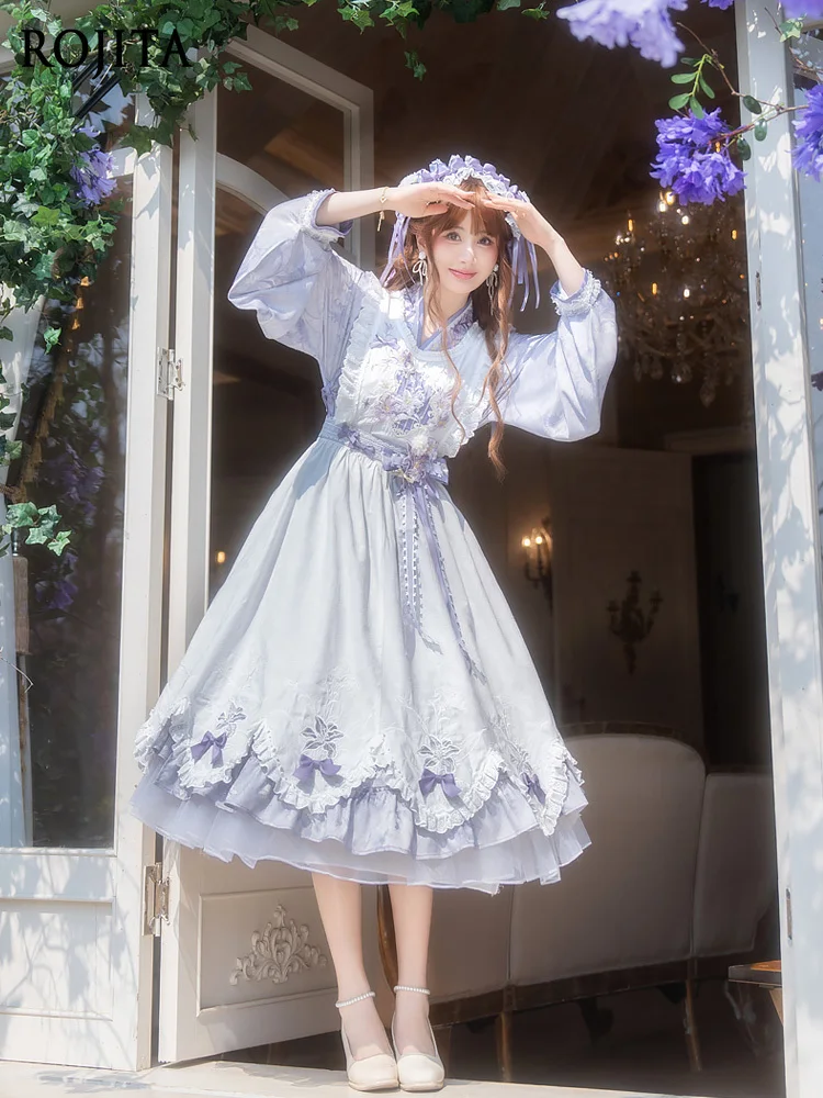 Elegante Lilie Stickerei Fee Lila Kreuz-Ausschnitt Kleid Prinzessin Überrock Han Element Frauen Frühling Sommer Kleid