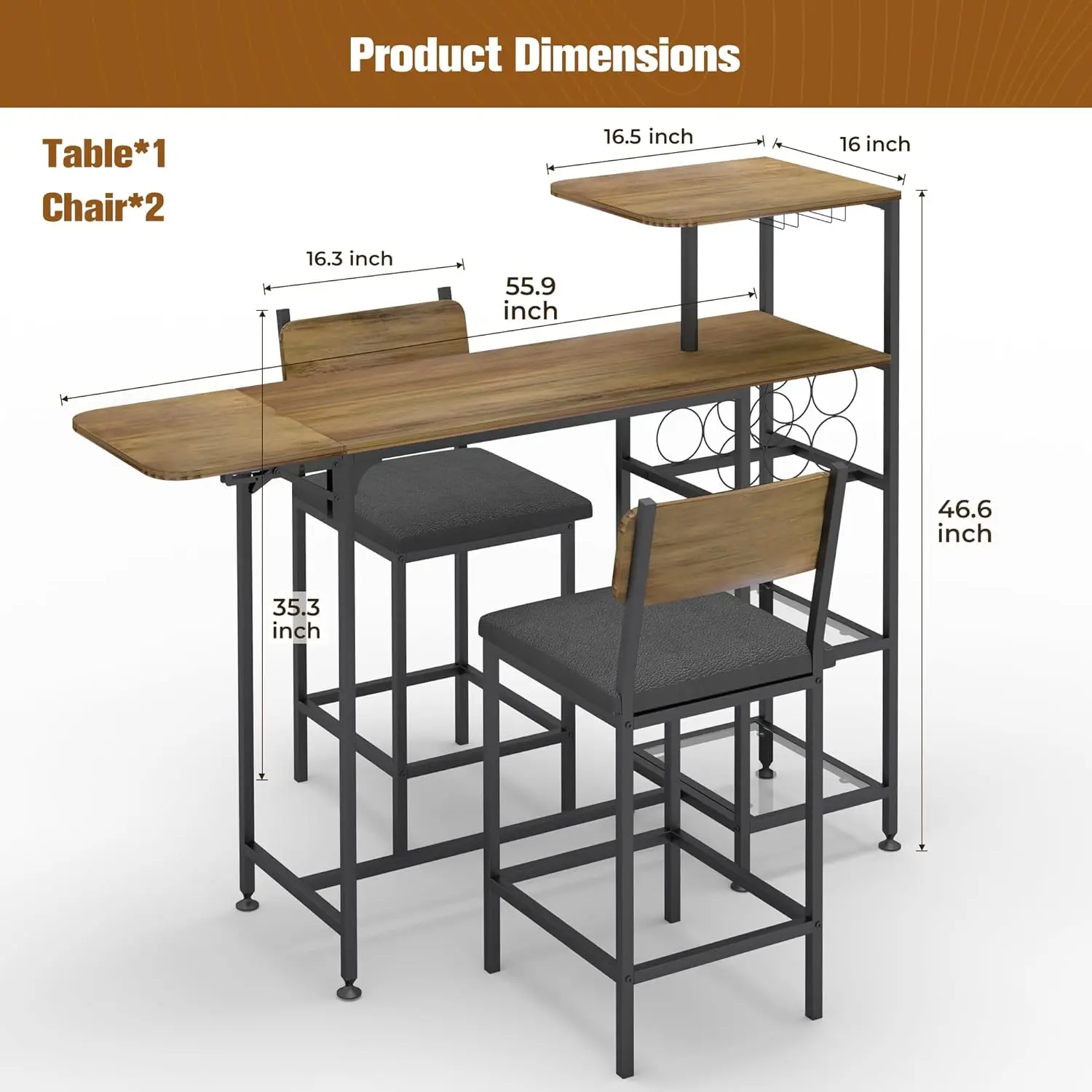 3 Pieces Small Dinning Table Set for 2,Kitchen Table and Chairs Set with Foldable Side-Board & Wine Rack,Bar Table Set with