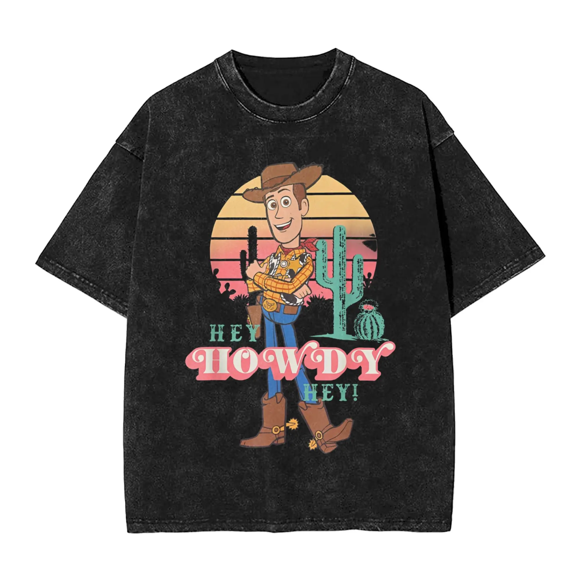 Vintage Pixar Toy Story 4 Woody Hey Howdy Hey T-Shirts Men Crewneck Pure Cotton Washed T Shirts  Short Sleeve Tees Tops