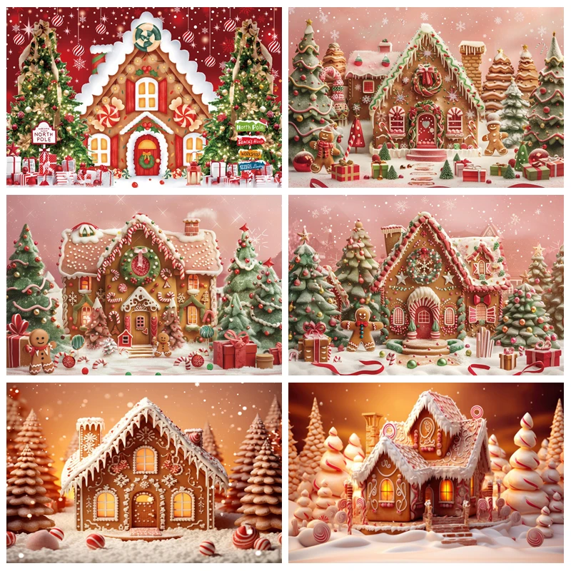 

Christmas Gingerbread House Backgrounds For Photographs Candy Cane Snowflakes Kids Birthday Decorations Photography Backdrop