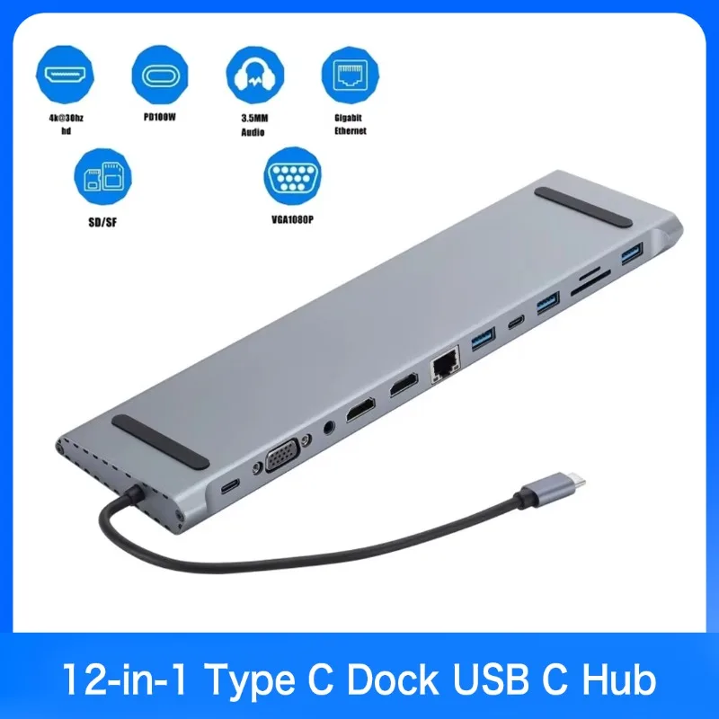 12-in-1 Type C Dock USB C Hub 3.0 Splitter Multiport Adapter 4K RJ45 SD/TF VGA HDMI-compatible Laptop MacBook iPad