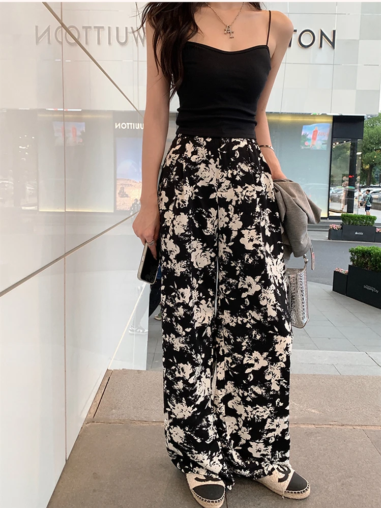 Spring Summer New Chiffon Girlish Vintage Black White Print Pants Hot Selling Elastic Waist Lightweight Straight Casual Trousers