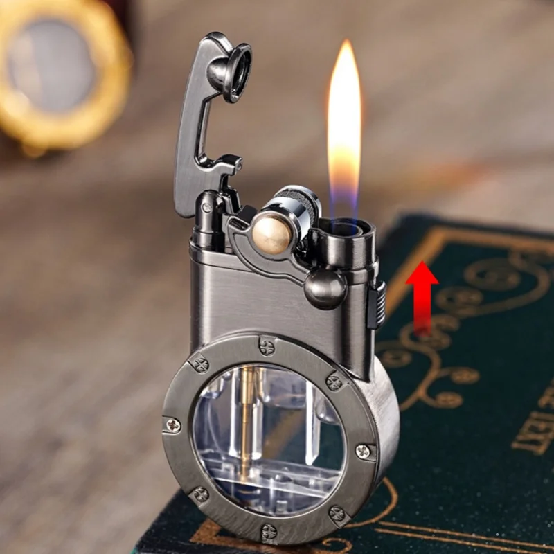 Rocker Arm Dual Fire Butane Gas Lighter Metal Visible Gas Window Jet Flame Switching Open Flame Cigar Lighters Smoking