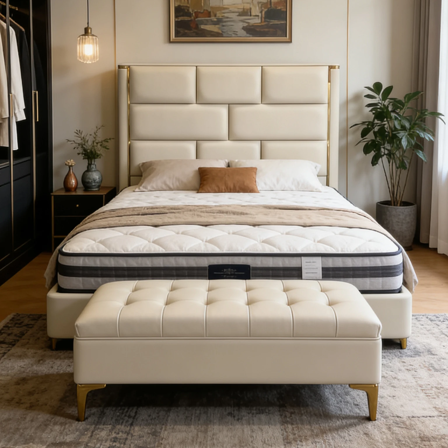 fgItalian Light Luxury 1.8m Leather Bed Smog Blue Double Bed Master Bedroom Matching Bed Bench Upholstered%