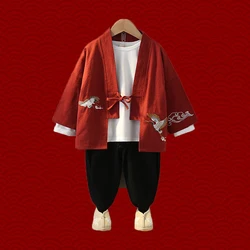 2024 Chinese Traditional Hanfu For Boys Kids Kung Fu Embroidery Tang Suit Red Chinese New Year Outfit Cotton 3PCS