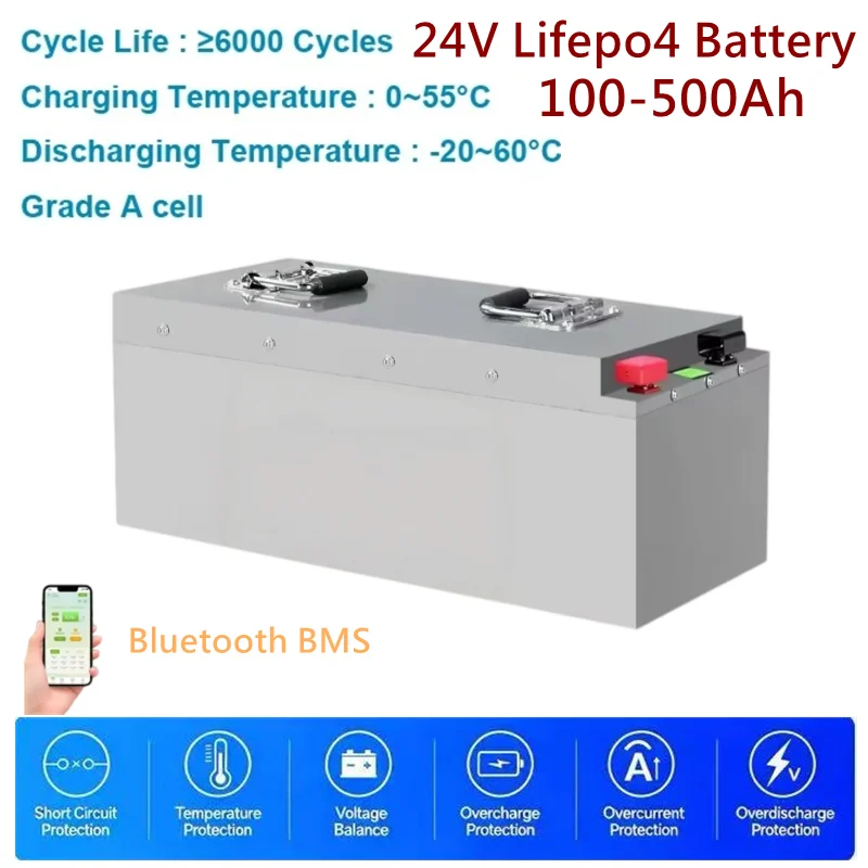 Lifepo4 Lithium Battery 24V 100Ah-500Ah Rechargeable for 2000W Solar System UPS Trolling Motor - High Capacity Energy Storage