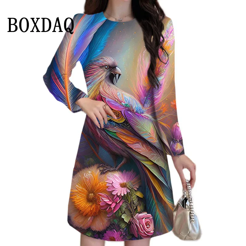 Colorful Parrot Print Dresses Women New Long Sleeve Loose Plus Size Dress Autumn Pullover Casual Street Female Clothing Vestidos