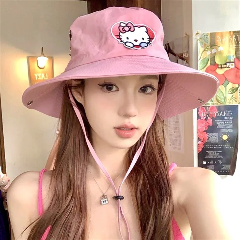 Kawaii Hello Kitty Sanrio Sun Hat Adjustable Head Circumference Fisherman Hat Outdoors Sunshade Mountaineering Hiking Girls Gift