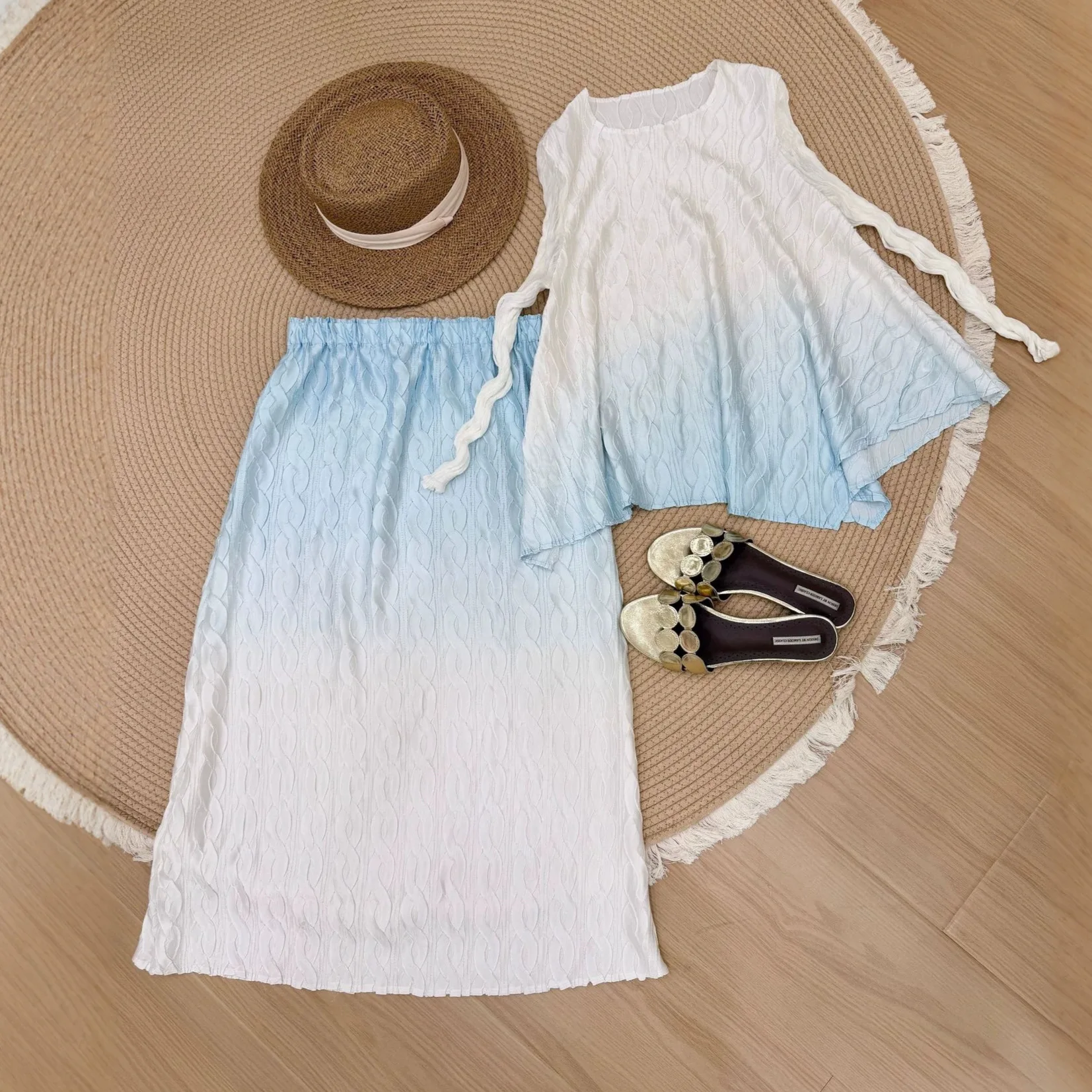 Miyake Pleated 2026 Original Spring Summer New Gradient Irregular Top and Skirt Set with Pressed Pleats and Textured Pleats