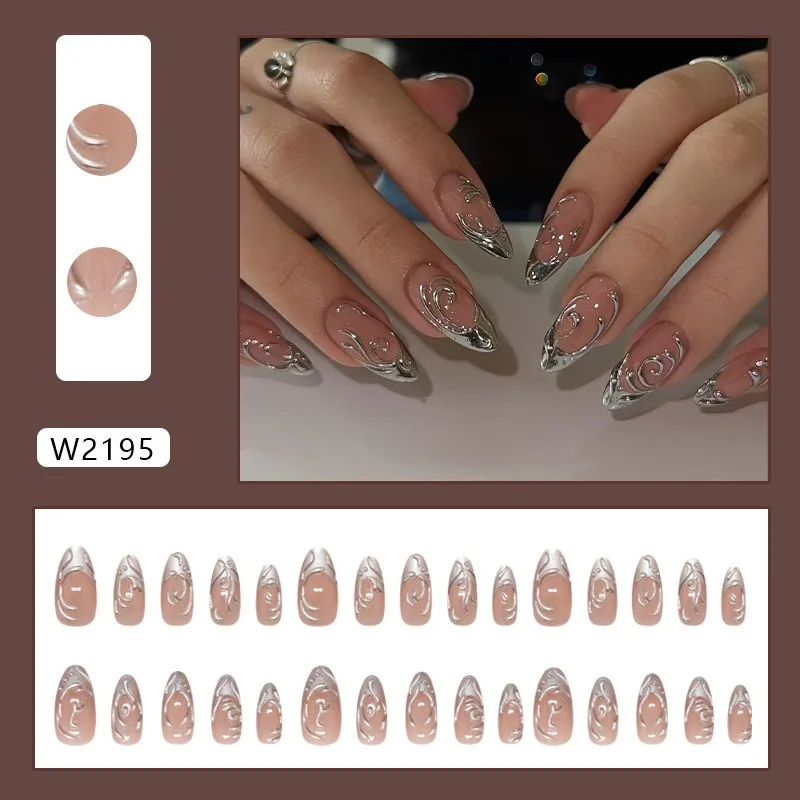 

24PCS Almond Press on Nails Metallic Silver Patterns Sweet Cool French Fake Nails for Spice Girls Simple Irregular Acrylic Nails