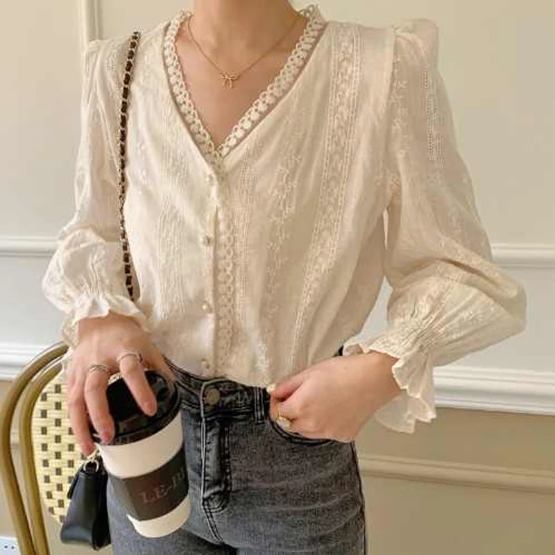 

Ele Women's Long Sve Lace irt V-Ne Design Korean Sle Commute Cotton Blend Fabric Pure Color Straight Cut