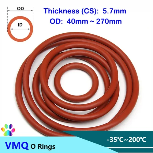 5 uds junta tórica de silicona roja VMQ CS 5,7mm OD 40 ~ 270mm grado alimenticio buen sellado arandela de silicona impermeable anillo de goma