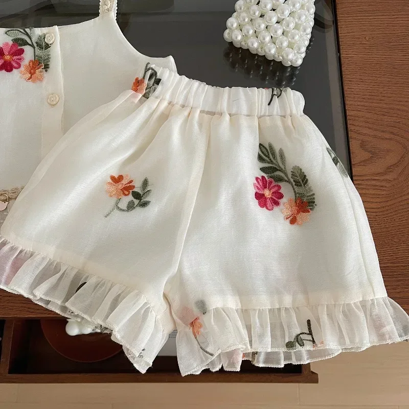 Girls Clothes Set Summer Sling Vest Shirt+shorts Fashion Korean Embroidery Children Clothing Suits Kids Clothes Two Piece Sets