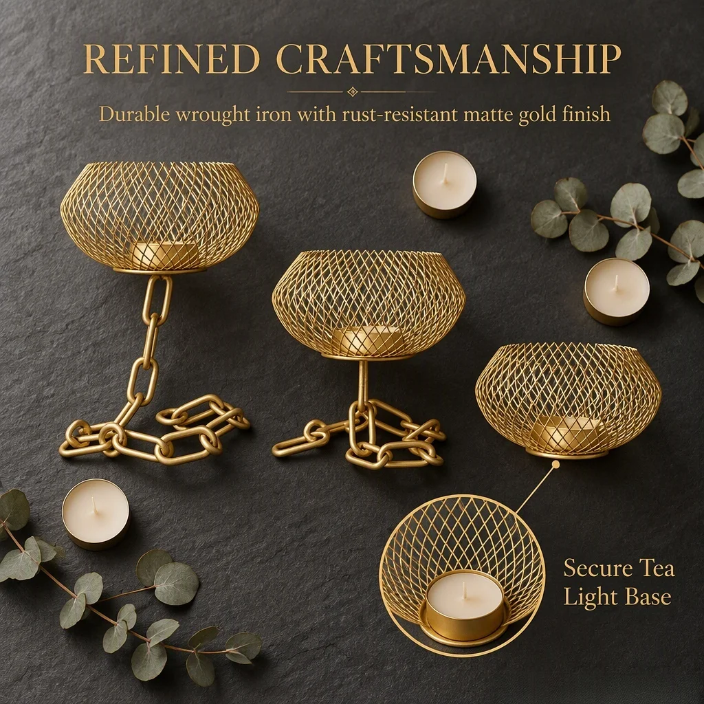 Artisan Metal Mesh Votive Holders Trio, Chain Sculpted Bases, Tiered Luminary, Geometric Shadowplay Table Decor, 3 Tone Selectio