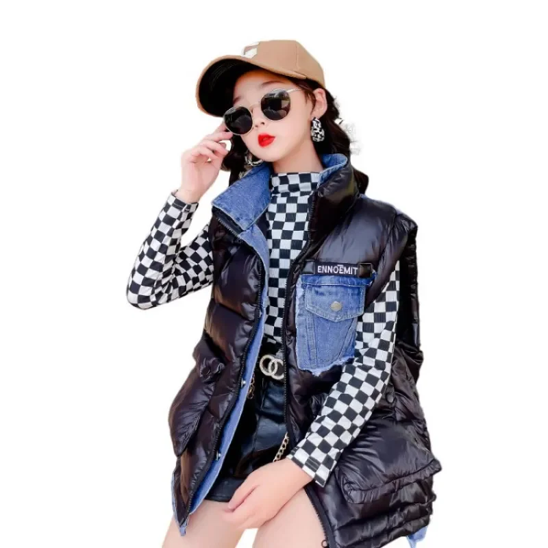 Teen Girls Clothes Denim Patchwork Down Cotton Vest Winter New Thickened Warm Top Fashion Casual Coats Children's Clothing 4-14Y