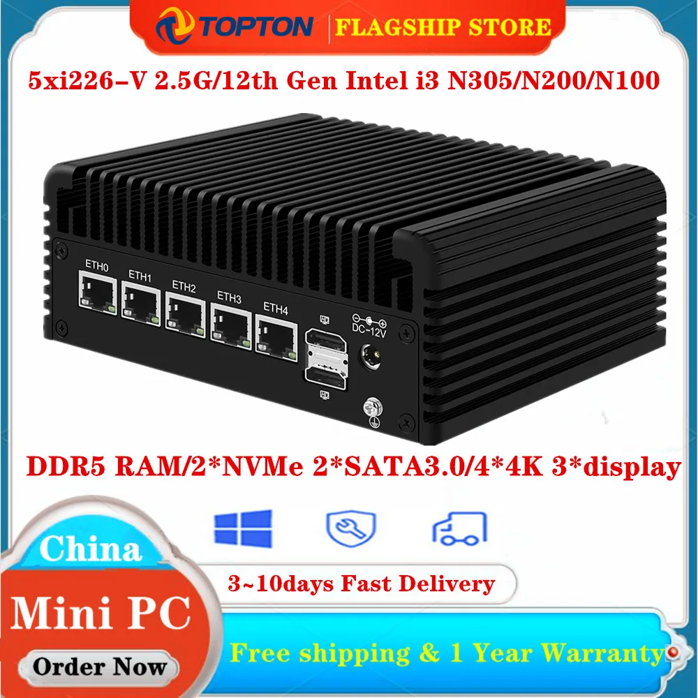 

Мини-ПК без вентилятора 5xi226-V 12th Gen Intel i3 N305 N200 N100 DDR5 2 * NVMe 2 * SATA3.0 брандмауэр устройство 2,5G маршрутизатор ESXi Proxmox хост