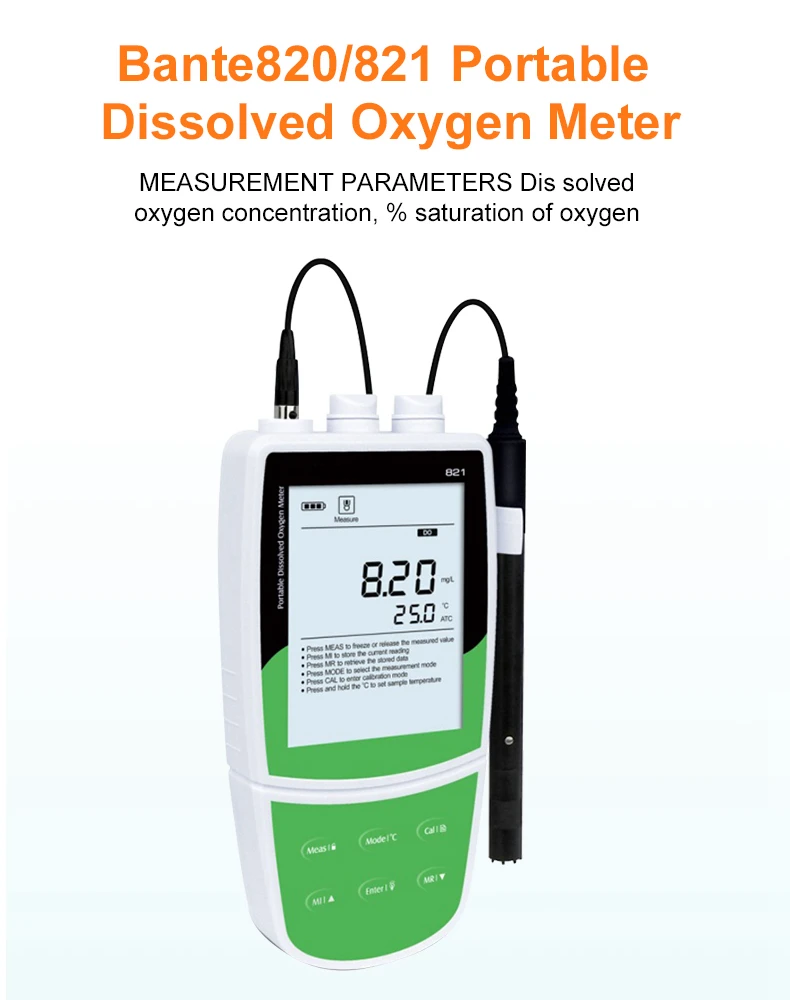 Bante820 DO Meter Портативный тип Экономичный измеритель растворенного кислорода с соленостью и компенсацией барометрического давления