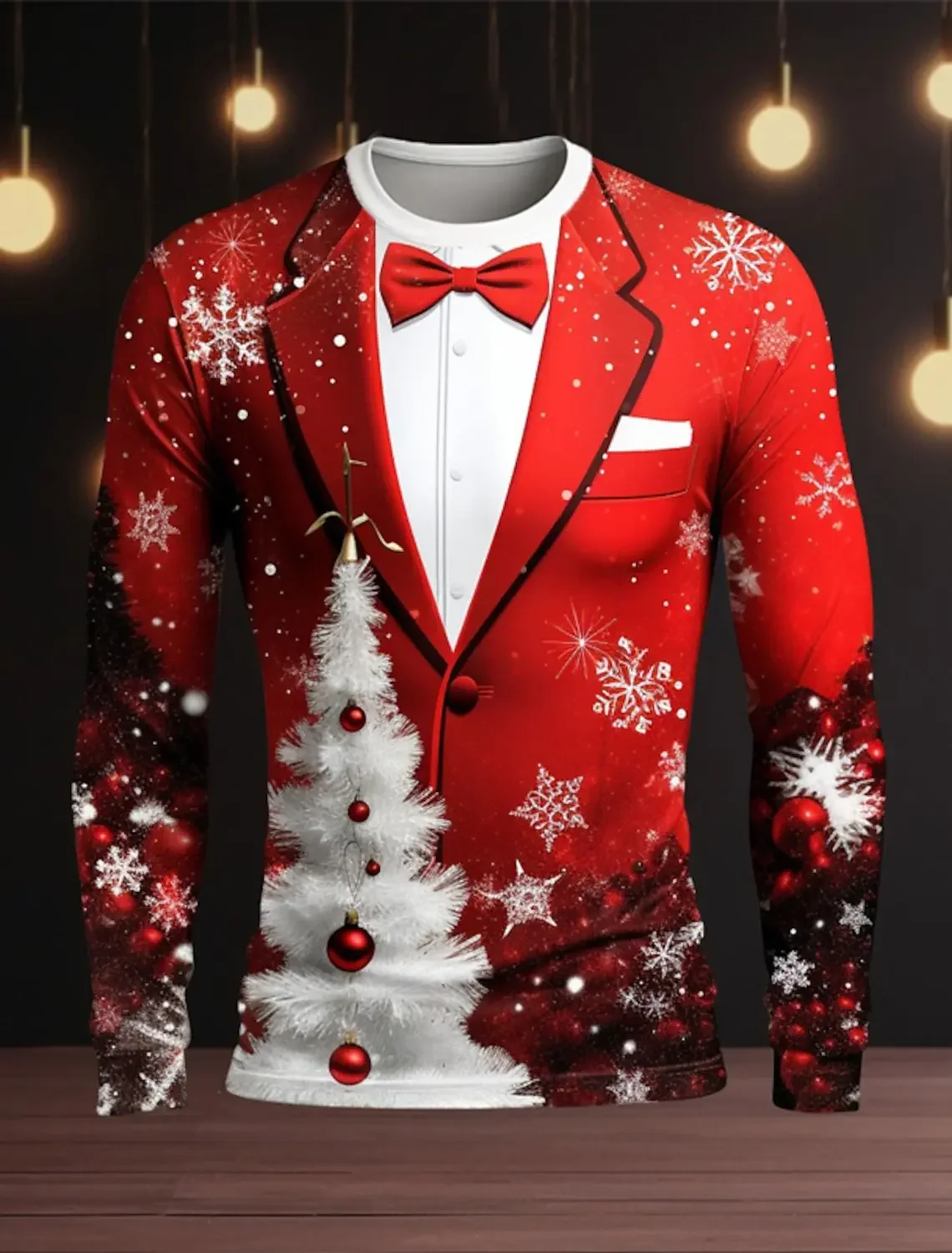 Christmas Series Simulated Suit T-shirt 3D Fun Harajuku Printed Men Personality Long Sleeve Round Neck Hip Hop Fashion Party Top