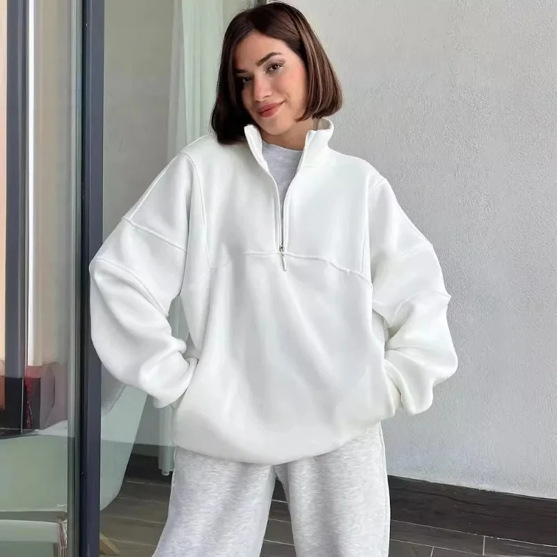 

Zipper Women's Sweatshirts Solid Autumn Winter Add Velvet Thickening Women's Pullover Loose High Collar Women's Hoodie 2024