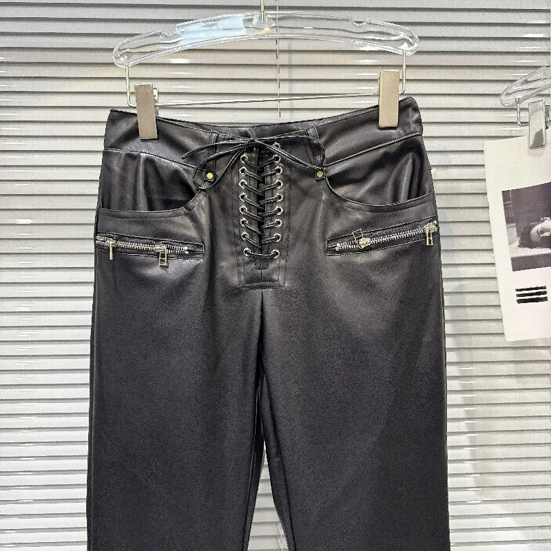Gothic Ladies Black PU Leather Flared Pants High Waist Lace-up Design Zipper Decor Pocket Slim Bootcut Trousers Street Outfit