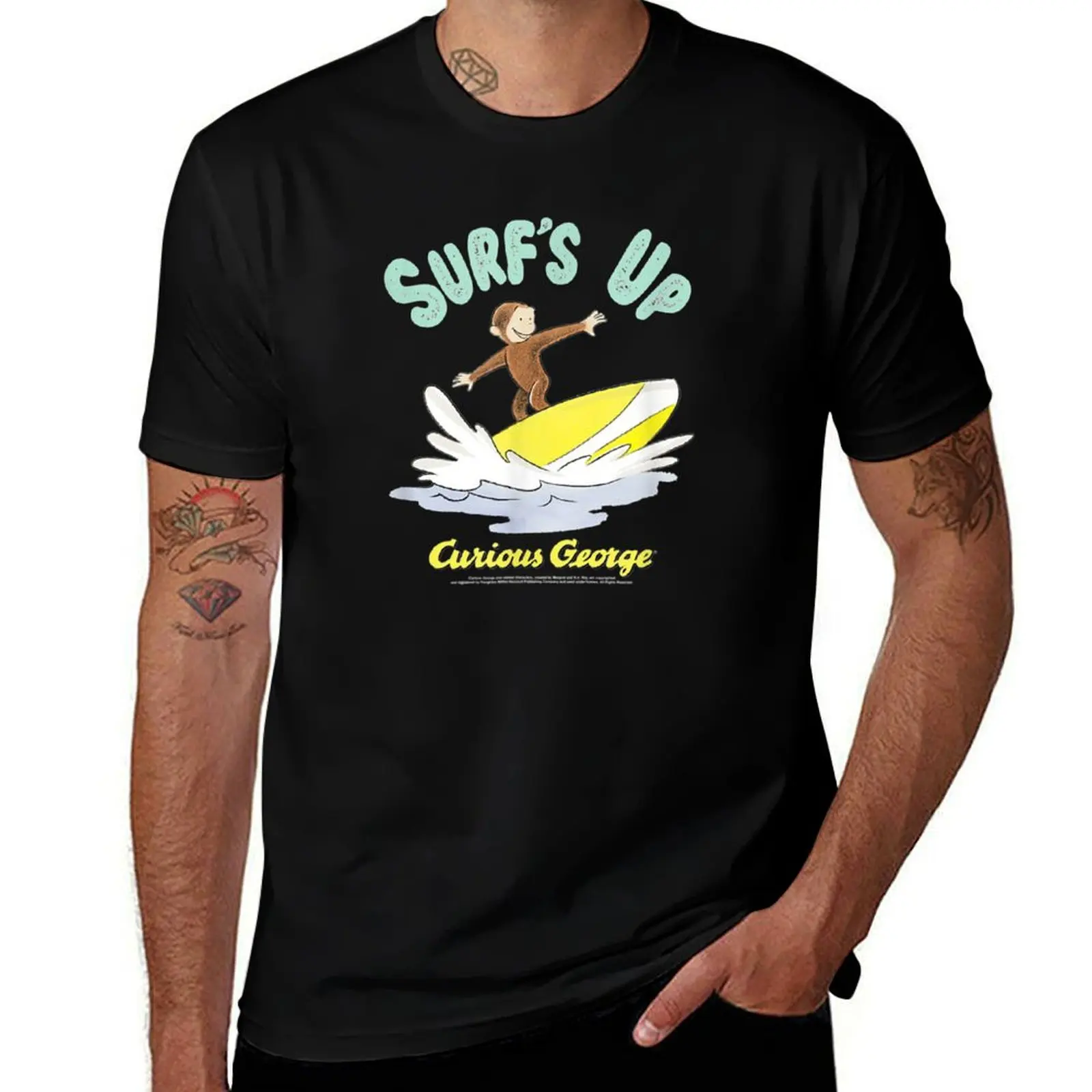 

Curious George Surfs Up Surfing Portrait. T-Shirt tees korean fashion plain big and tall t shirts for men